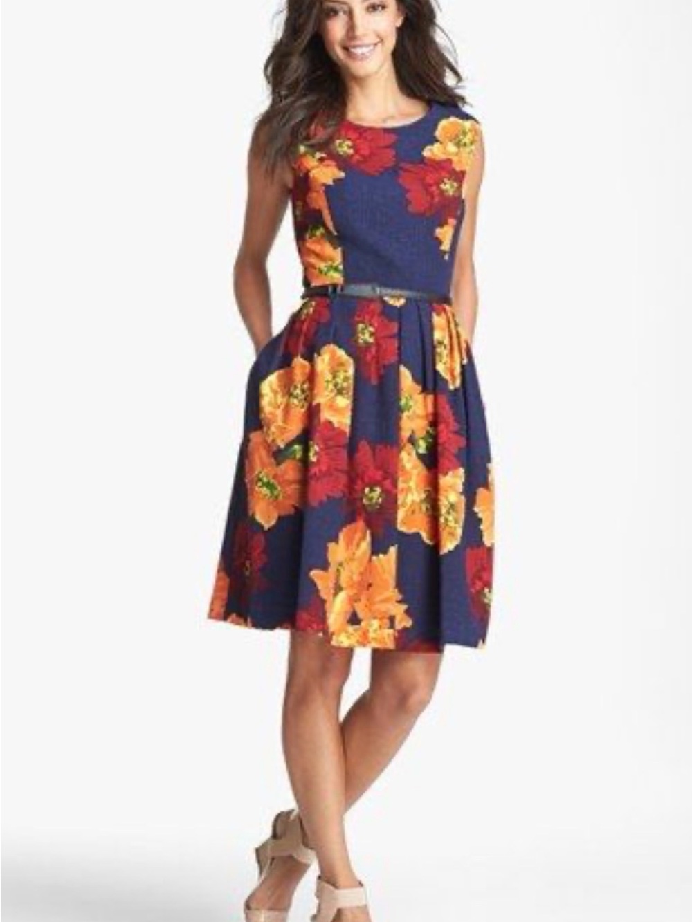Ellen Tracy Navy Sleeveless Dress with Navy, Orange & Red Floral Print